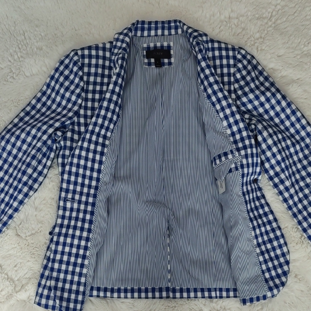 J. Crew Blue and White Plaid , Linen Blazer, Size 8 - Picture 16 of 17